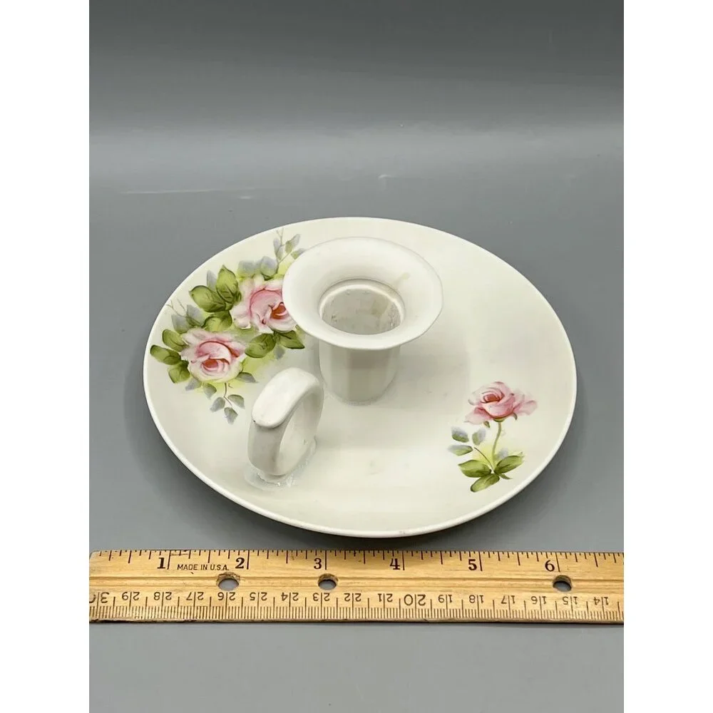 Vtg Hand-Painted Floral Porcelain Chamberstick Candle Holder Cottage Shabby Chic
